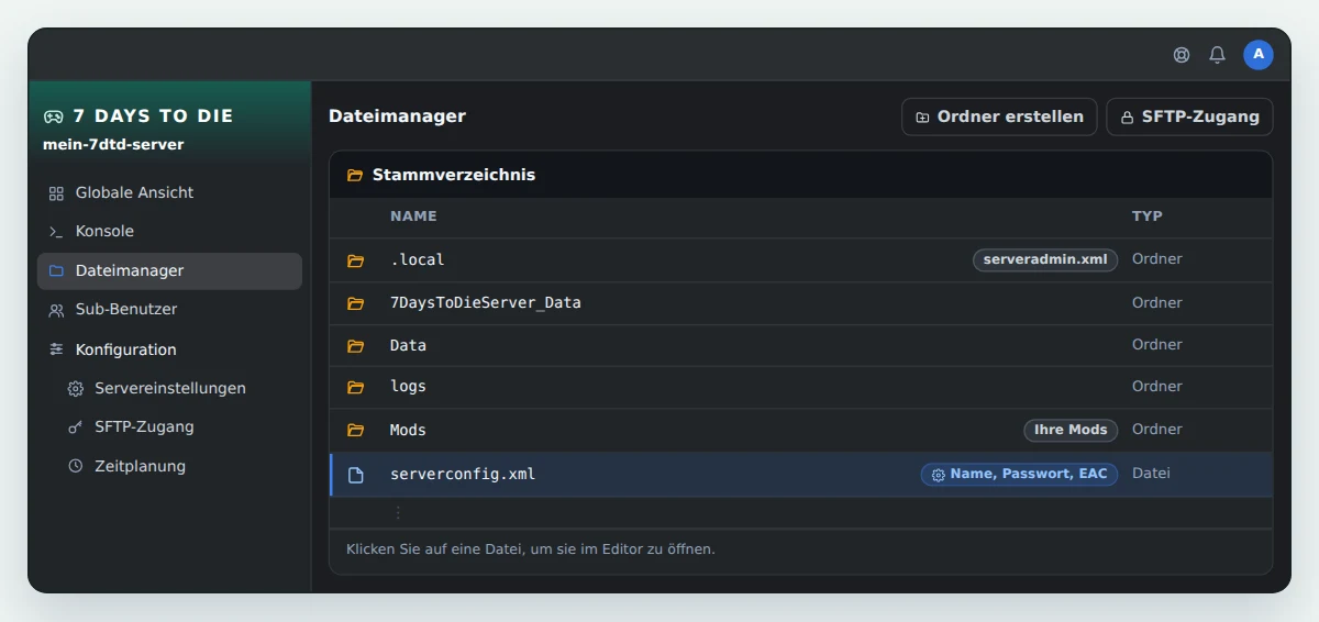 Dateimanager von OuiPanel im Stammverzeichnis eines 7 Days to Die Servers, mit den Ordnern .local, 7DaysToDieServer_Data, Data, logs und Mods und der hervorgehobenen Datei serverconfig.xml
