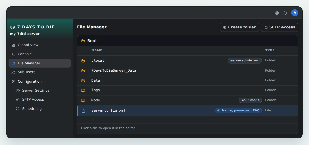 OuiPanel File Manager at the root of a 7 Days to Die server, with the .local, 7DaysToDieServer_Data, Data, logs and Mods folders, and the serverconfig.xml file highlighted