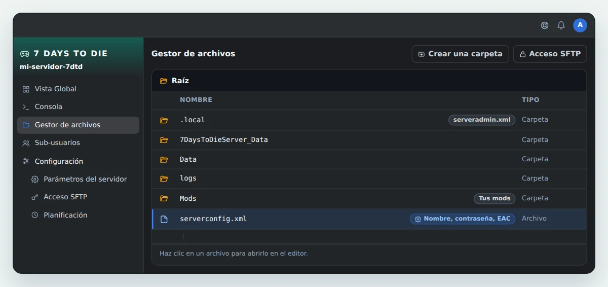 Gestor de archivos de OuiPanel en la raíz de un servidor 7 Days to Die, con las carpetas .local, 7DaysToDieServer_Data, Data, logs y Mods, y el archivo serverconfig.xml resaltado