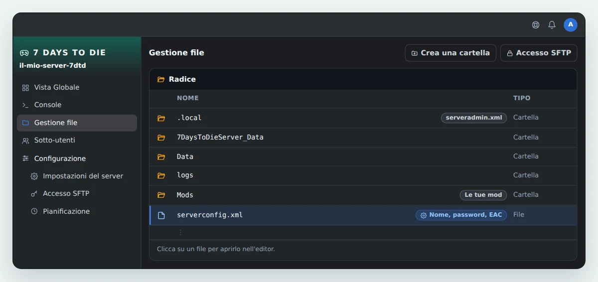 Gestione file di OuiPanel nella radice di un server 7 Days to Die, con le cartelle .local, 7DaysToDieServer_Data, Data, logs e Mods, e il file serverconfig.xml evidenziato