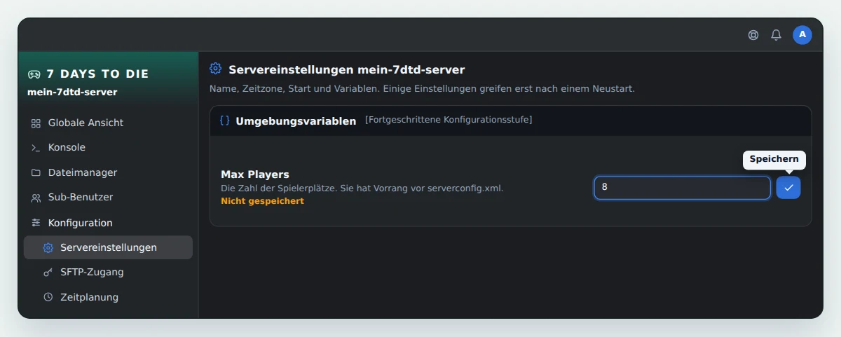 Servereinstellungen in OuiPanel, Abschnitt Umgebungsvariablen, mit der Variable Max Players bei der Bearbeitung und der Schaltfläche Speichern