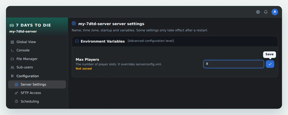 OuiPanel Server Settings, Environment Variables section, with the Max Players variable being edited and the Save button