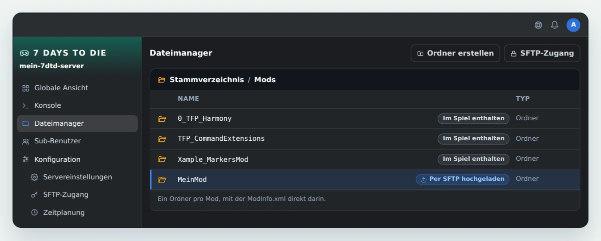 Ordner Mods eines 7 Days to Die Servers in OuiPanel, mit den drei Mods aus dem Spiel, 0_TFP_Harmony, TFP_CommandExtensions und Xample_MarkersMod, und einem per SFTP hochgeladenen Mod