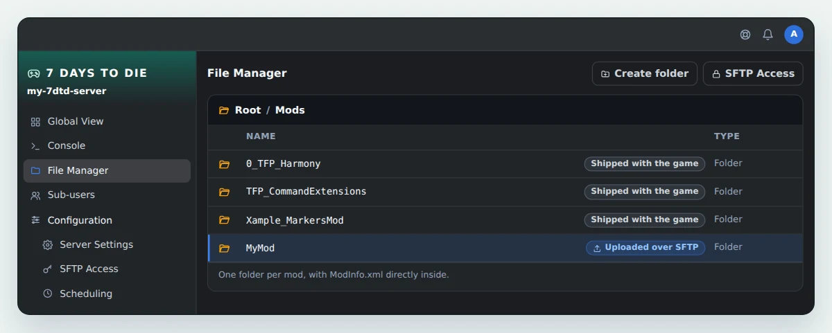 Mods folder of a 7 Days to Die server in OuiPanel, with the three mods that ship with the game, 0_TFP_Harmony, TFP_CommandExtensions and Xample_MarkersMod, and a mod uploaded over SFTP