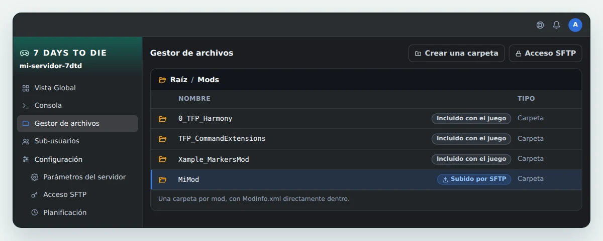 Carpeta Mods de un servidor 7 Days to Die en OuiPanel, con los tres mods que vienen con el juego, 0_TFP_Harmony, TFP_CommandExtensions y Xample_MarkersMod, y un mod subido por SFTP