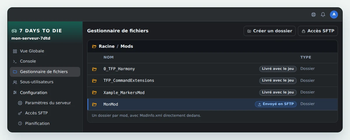 Dossier Mods d'un serveur 7 Days to Die dans OuiPanel, avec les trois mods livrés par le jeu, 0_TFP_Harmony, TFP_CommandExtensions et Xample_MarkersMod, et un mod envoyé en SFTP