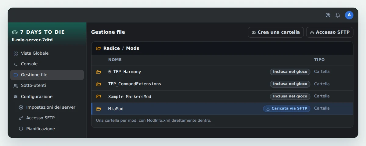 Cartella Mods di un server 7 Days to Die in OuiPanel, con le tre mod fornite con il gioco, 0_TFP_Harmony, TFP_CommandExtensions e Xample_MarkersMod, e una mod caricata via SFTP