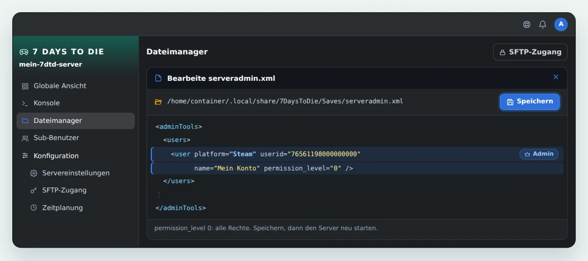 Datei serveradmin.xml im Dateimanager von OuiPanel geöffnet, mit einer Zeile user im Abschnitt users, platform Steam, einer 64-Bit-Steam-ID und permission_level 0