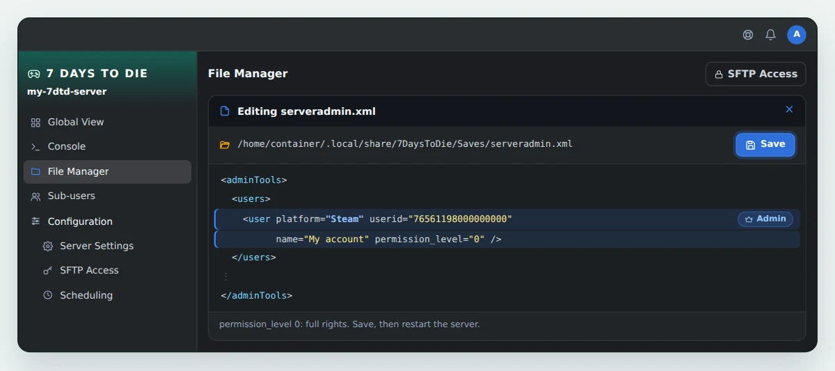 serveradmin.xml open in the OuiPanel File Manager, with a user line in the users section, platform Steam, a 64-bit Steam ID and permission_level set to 0
