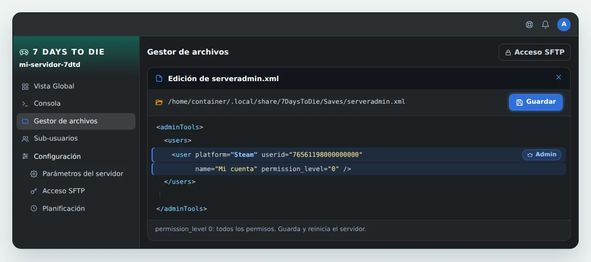 Archivo serveradmin.xml abierto en el Gestor de archivos de OuiPanel, con una línea user en la sección users, platform Steam, un identificador de Steam de 64 bits y permission_level en 0