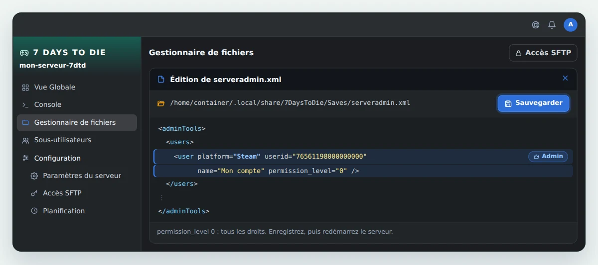 Fichier serveradmin.xml ouvert dans le Gestionnaire de fichiers de OuiPanel, avec une ligne user dans la section users, platform Steam, un identifiant Steam 64 bits et permission_level à 0