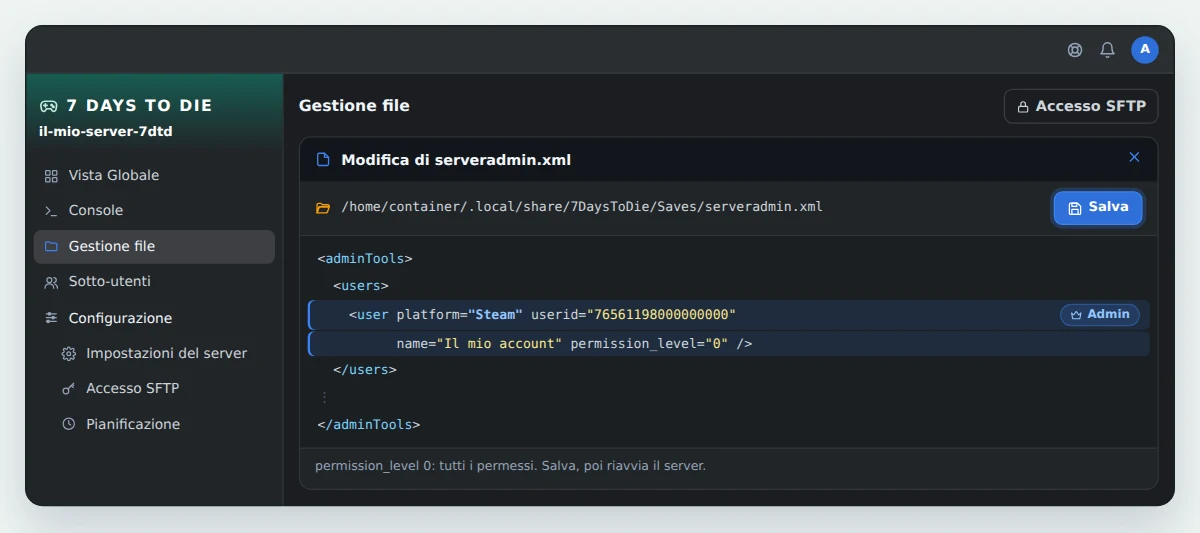 File serveradmin.xml aperto nella Gestione file di OuiPanel, con una riga user nella sezione users, platform Steam, un ID Steam a 64 bit e permission_level a 0