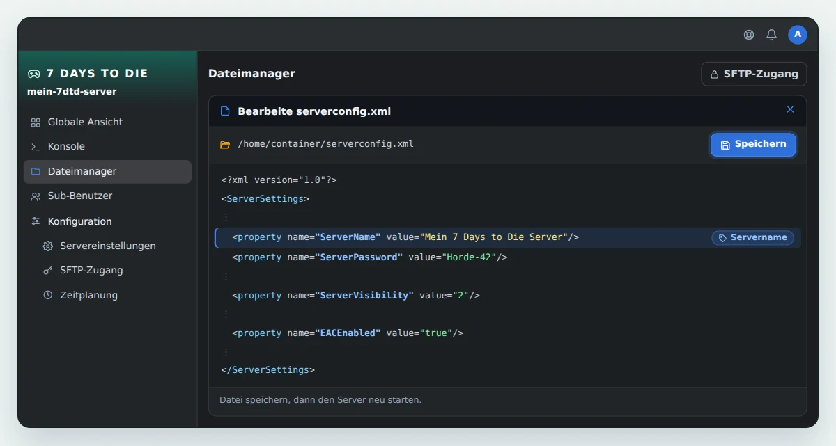 Editor im Dateimanager von OuiPanel mit geöffneter serverconfig.xml, mit den Zeilen ServerName, ServerPassword, ServerVisibility und EACEnabled, ServerName steht auf Mein 7 Days to Die Server