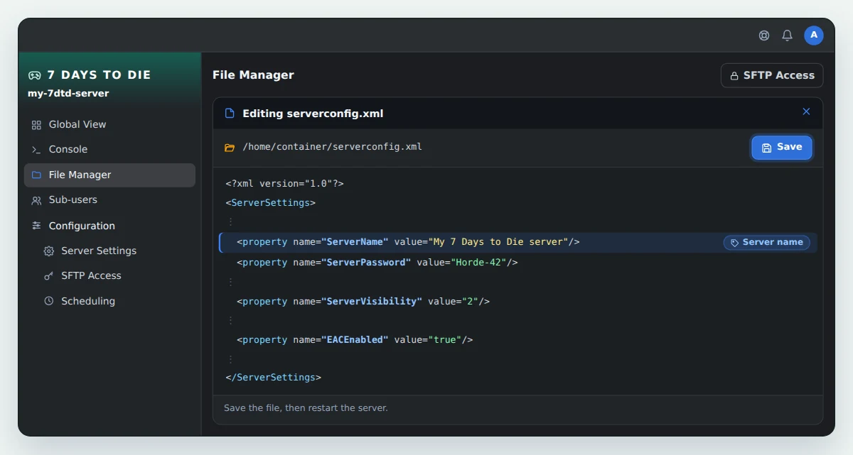 OuiPanel File Manager editor with serverconfig.xml open, showing the ServerName, ServerPassword, ServerVisibility and EACEnabled lines, with ServerName set to My 7 Days to Die server
