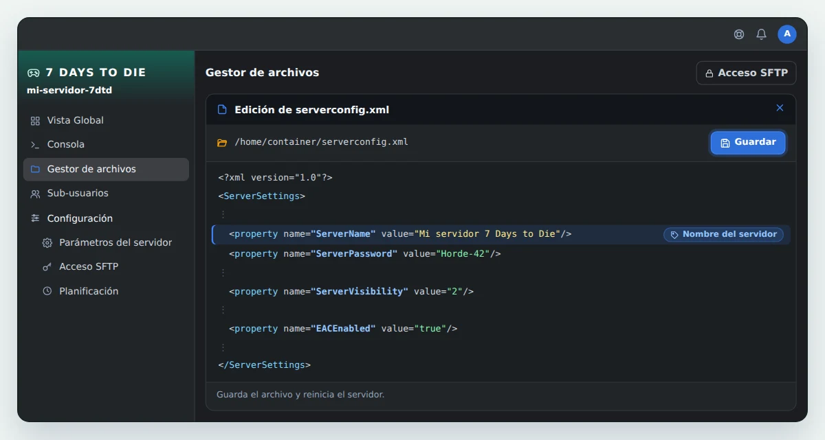 Editor del Gestor de archivos de OuiPanel con serverconfig.xml abierto, con las líneas ServerName, ServerPassword, ServerVisibility y EACEnabled, y ServerName cambiado a Mi servidor 7 Days to Die