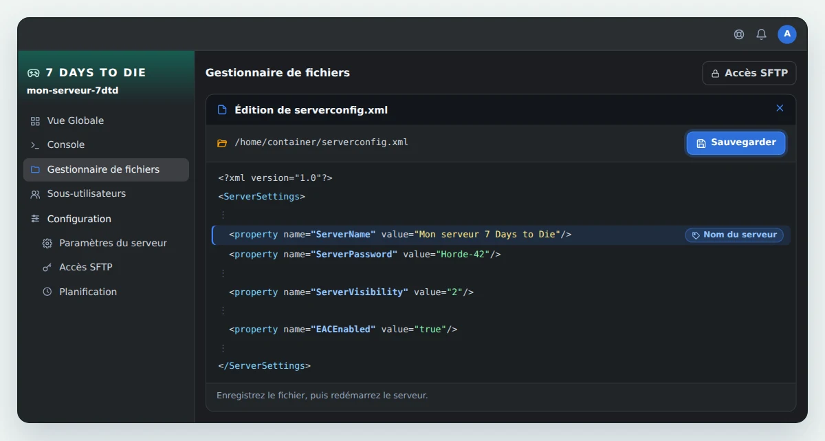 Éditeur du Gestionnaire de fichiers de OuiPanel avec serverconfig.xml ouvert, montrant les lignes ServerName, ServerPassword, ServerVisibility et EACEnabled, la ligne ServerName passée à Mon serveur 7 Days to Die