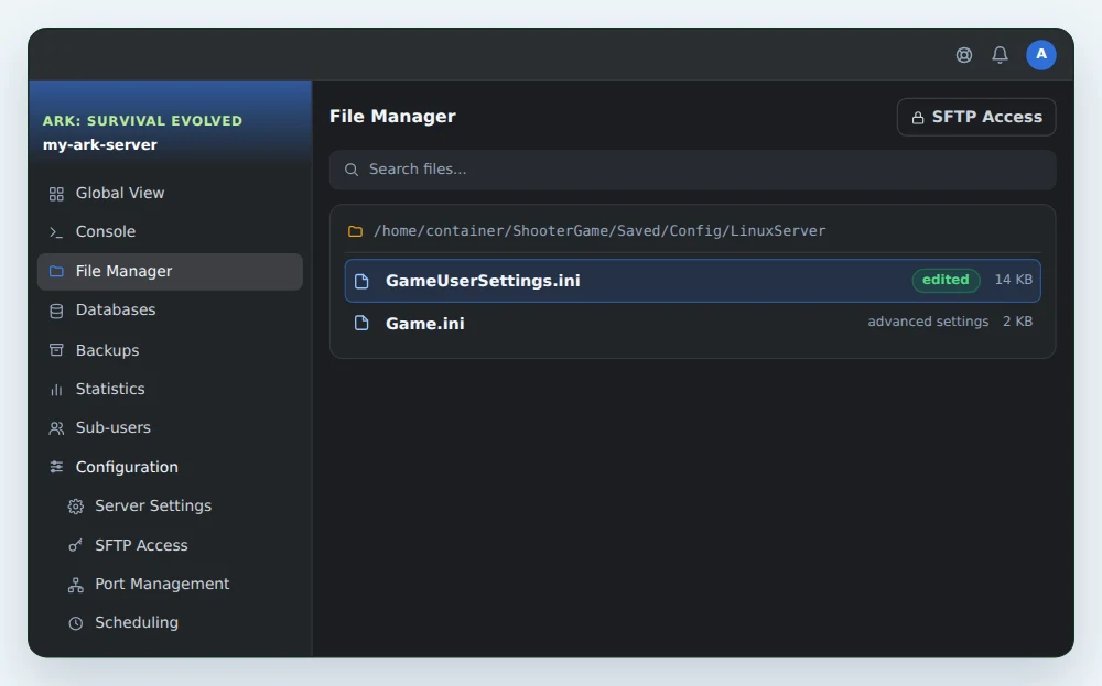 OuiPanel file manager open on ShooterGame/Saved/Config/LinuxServer, with GameUserSettings.ini just edited and Game.ini