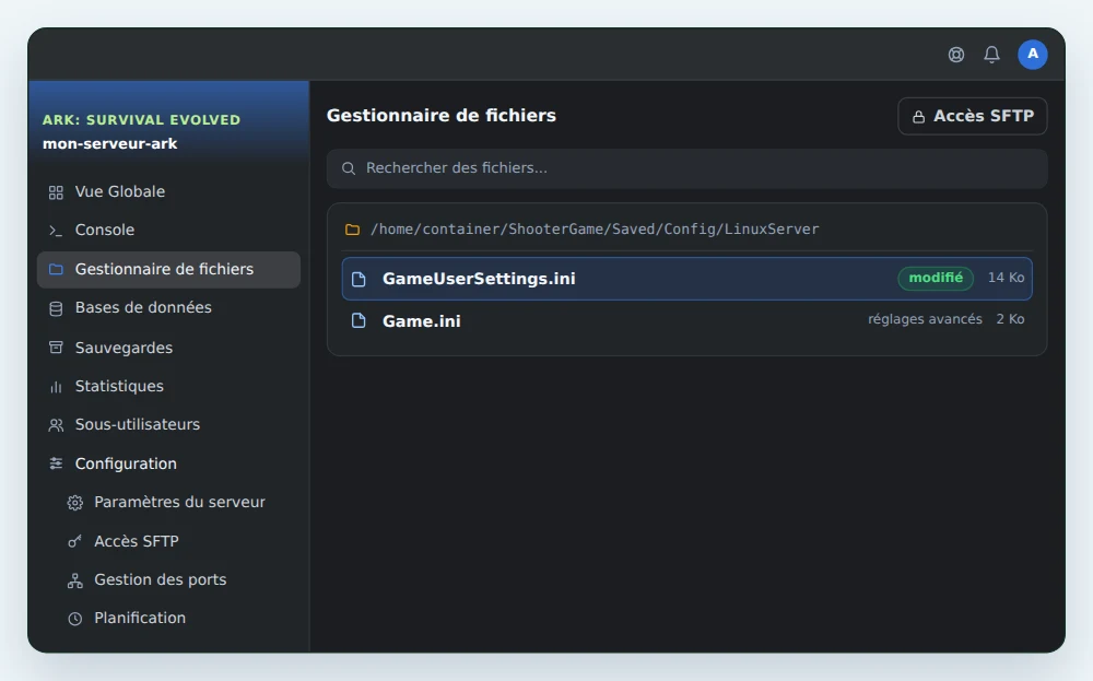 Gestionnaire de fichiers de OuiPanel ouvert sur ShooterGame/Saved/Config/LinuxServer, avec GameUserSettings.ini tout juste modifié et Game.ini