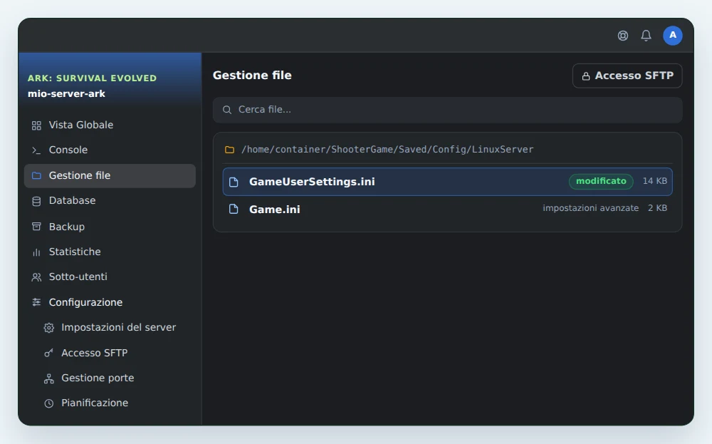 Gestione file di OuiPanel aperta su ShooterGame/Saved/Config/LinuxServer, con GameUserSettings.ini appena modificato e Game.ini