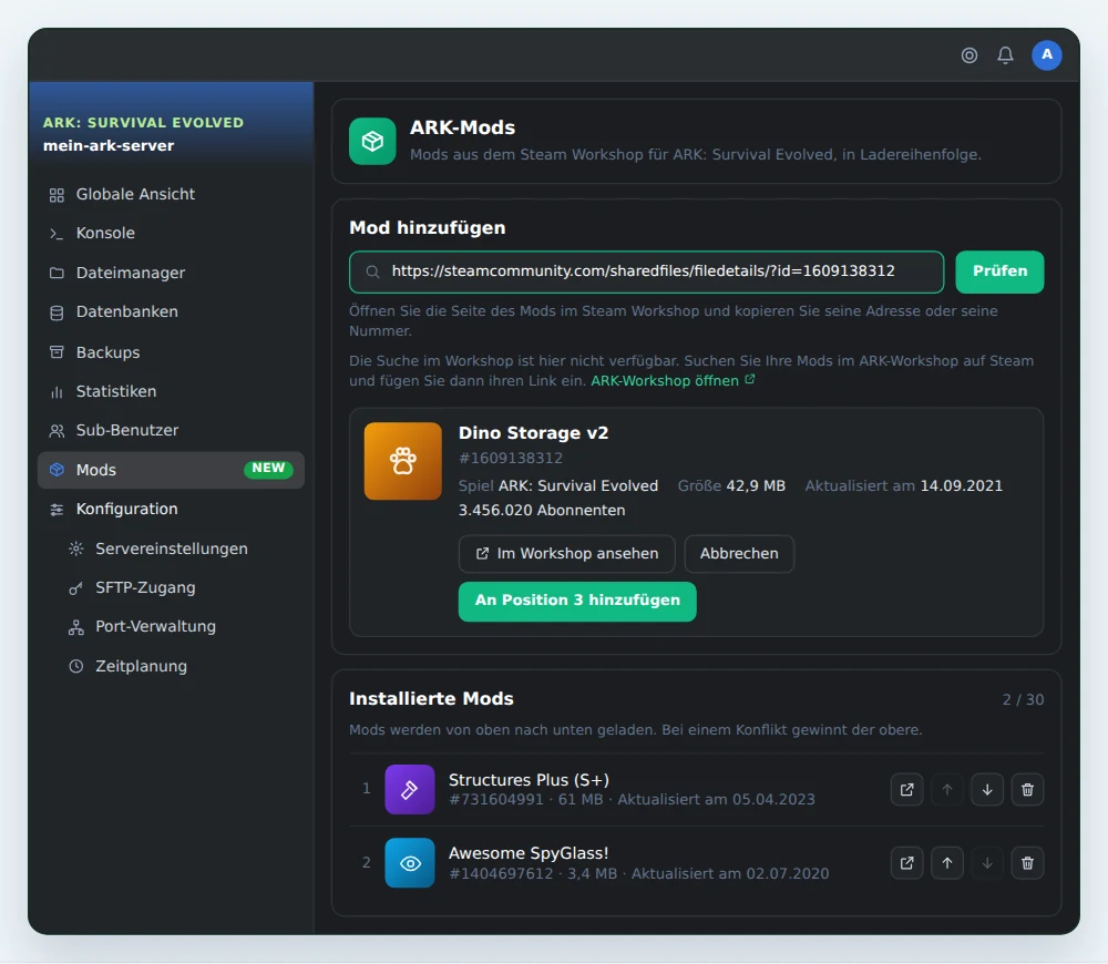 Die Seite Mods in OuiPanel für einen ARK: Survival Evolved Server, mit dem geprüften Link eines Workshop-Mods, seiner Vorschau zum Hinzufügen an Position 3 und zwei bereits installierten Mods