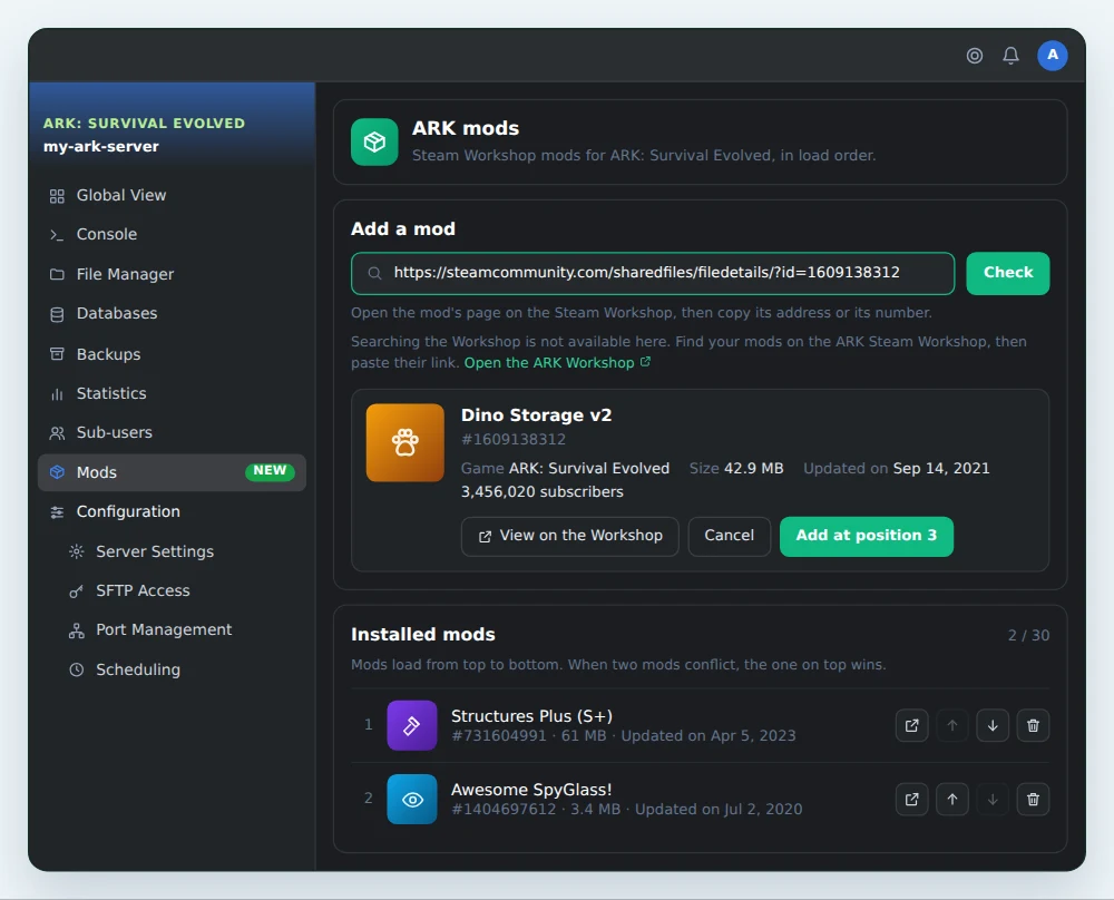 The OuiPanel Mods page for an ARK: Survival Evolved server, with a checked Workshop mod link, its preview ready to be added at position 3 and two mods already installed