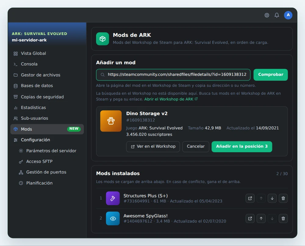 La página Mods de OuiPanel para un servidor ARK: Survival Evolved, con el enlace de un mod del Workshop comprobado, su vista previa lista para añadirse en la posición 3 y dos mods ya instalados