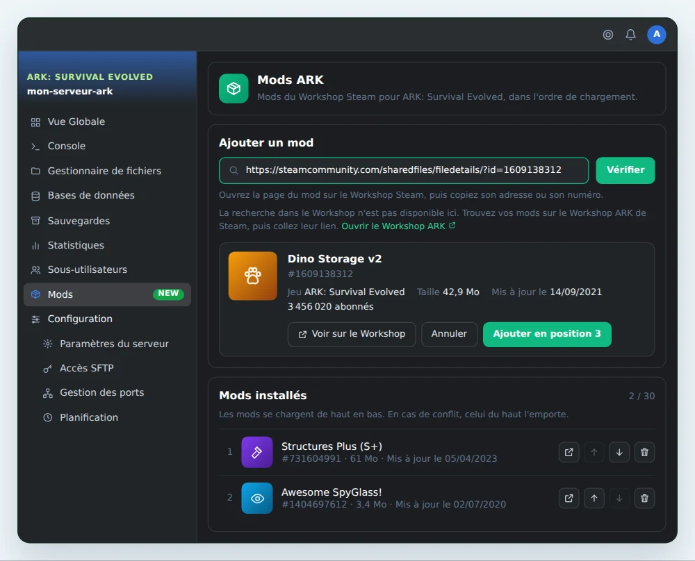 La page Mods de OuiPanel pour un serveur ARK: Survival Evolved, avec le lien d'un mod du Workshop vérifié, son aperçu prêt à être ajouté en position 3 et deux mods déjà installés