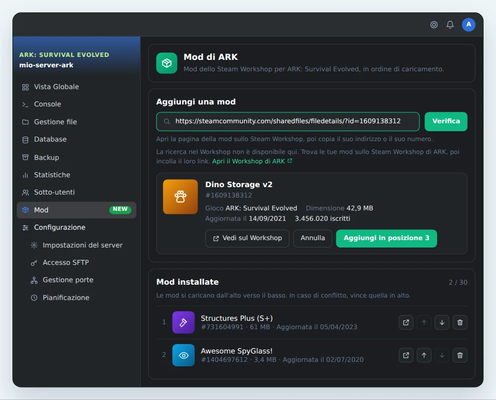 La pagina Mod di OuiPanel per un server ARK: Survival Evolved, con il link verificato di una mod del Workshop, la sua anteprima pronta per essere aggiunta in posizione 3 e due mod già installate