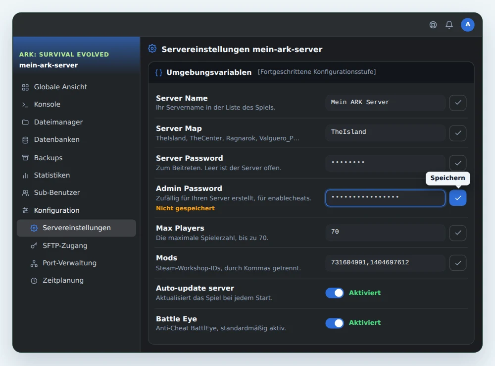 Karte Umgebungsvariablen eines ARK: Survival Evolved Servers in OuiPanel, mit Server Name, Server Map, Server Password, dem neuen Admin-Passwort vor dem Speichern, Max Players, Mods, Auto-update server und Battle Eye