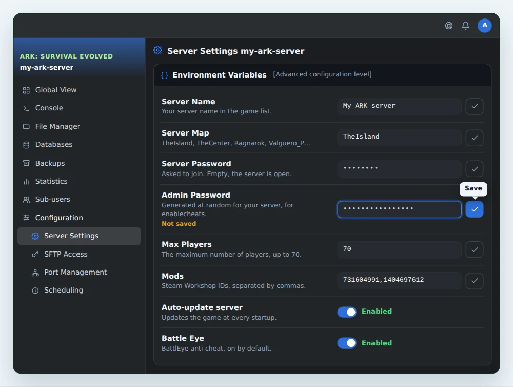 Environment Variables card of an ARK: Survival Evolved server in OuiPanel, with Server Name, Server Map, Server Password, the new admin password ready to save, Max Players, Mods, Auto-update server and Battle Eye