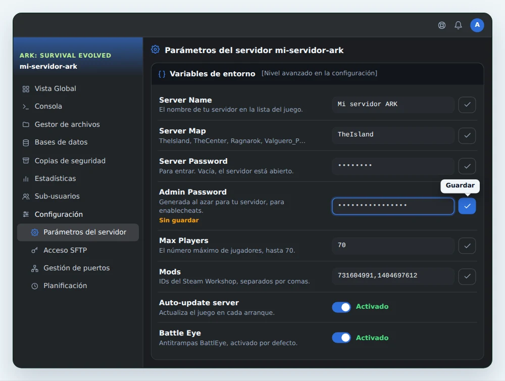 Tarjeta Variables de entorno de un servidor ARK: Survival Evolved en OuiPanel, con Server Name, Server Map, Server Password, la nueva contraseña admin lista para guardar, Max Players, Mods, Auto-update server y Battle Eye