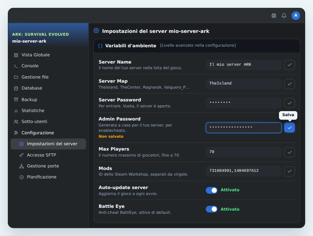 Scheda Variabili d'ambiente di un server ARK: Survival Evolved in OuiPanel, con Server Name, Server Map, Server Password, la nuova password admin pronta da salvare, Max Players, Mods, Auto-update server e Battle Eye