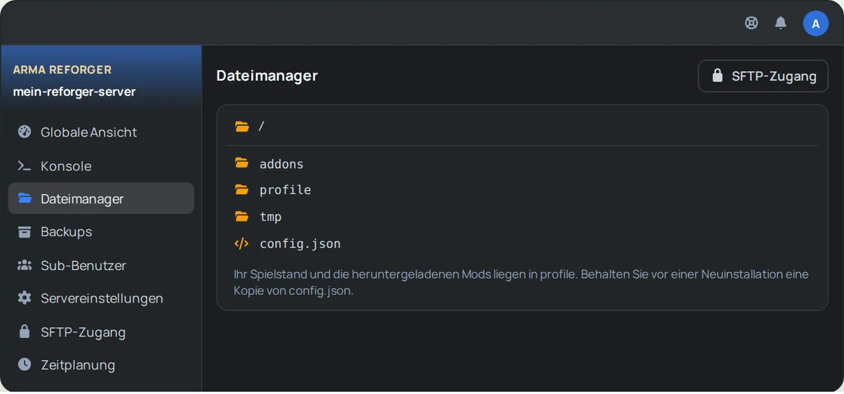 Dateimanager von OuiPanel im Stammverzeichnis eines Arma Reforger Servers, mit den Ordnern addons, profile und tmp und der Datei config.json