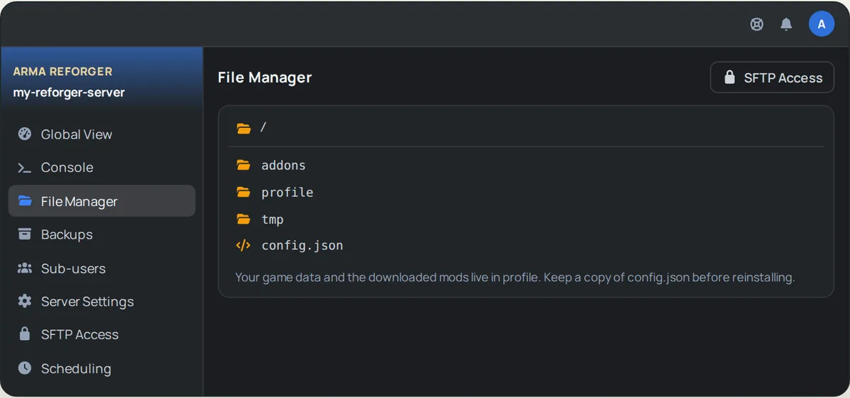 OuiPanel File Manager at the root of an Arma Reforger server, with the addons, profile and tmp folders and the config.json file