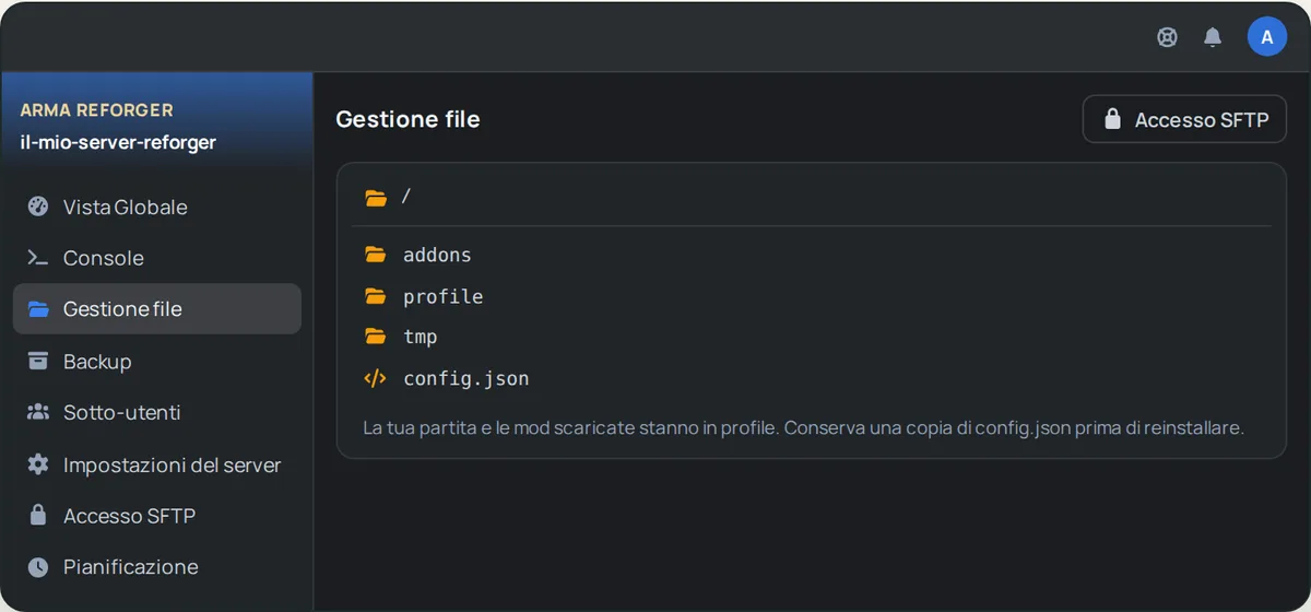 Gestione file di OuiPanel nella radice di un server Arma Reforger, con le cartelle addons, profile e tmp e il file config.json