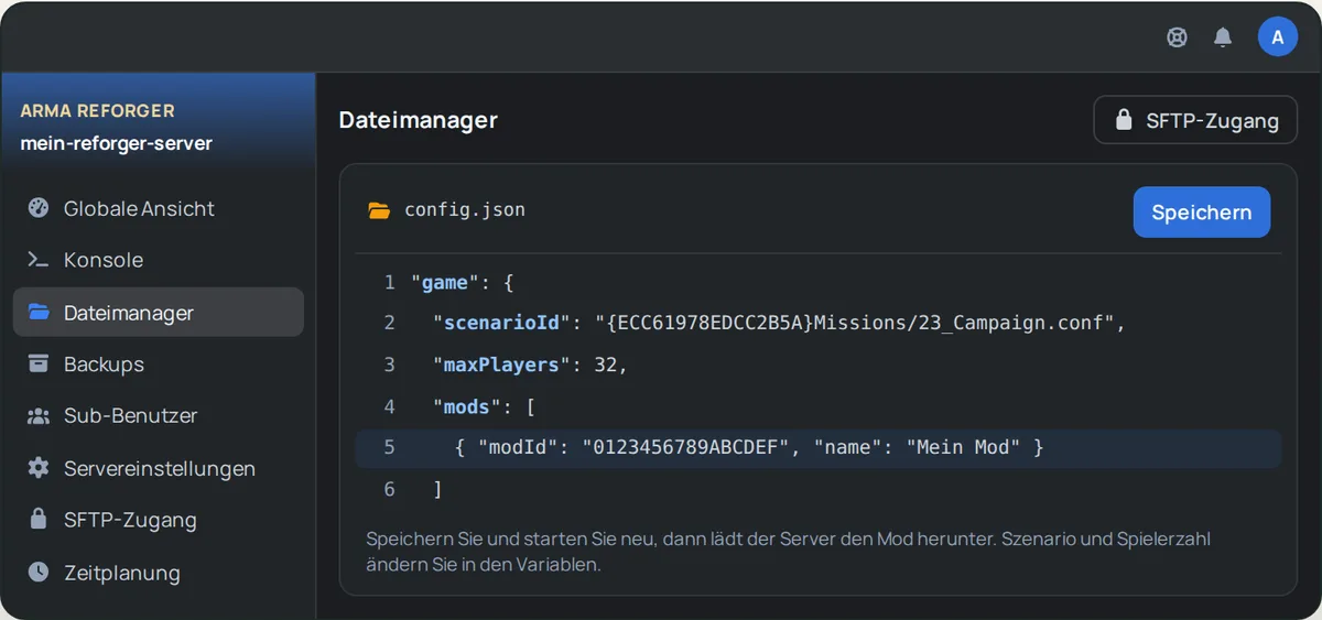 Datei config.json im Dateimanager von OuiPanel geöffnet, mit einem Workshop-Mod in der Liste mods