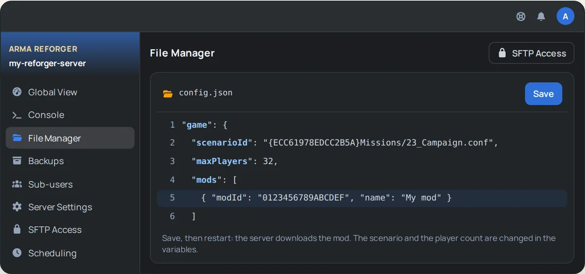 config.json file open in the OuiPanel File Manager, with a Workshop mod added to the mods list