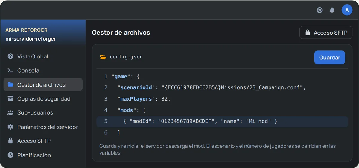 Archivo config.json abierto en el Gestor de archivos de OuiPanel, con un mod del Workshop añadido a la lista mods
