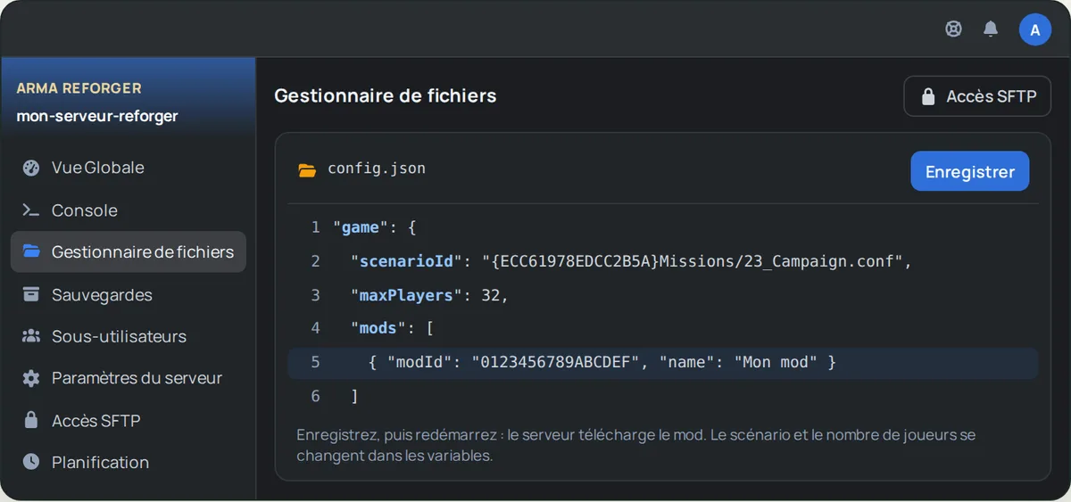 Fichier config.json ouvert dans le Gestionnaire de fichiers de OuiPanel, avec un mod du Workshop ajouté à la liste mods
