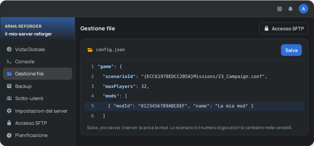 File config.json aperto nella Gestione file di OuiPanel, con una mod del Workshop aggiunta all'elenco mods