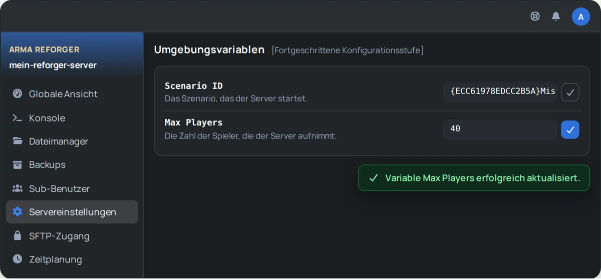 Umgebungsvariablen eines Arma Reforger Servers in OuiPanel: Scenario ID mit dem Szenario Conflict auf Everon und Max Players von 32 auf 40 geändert