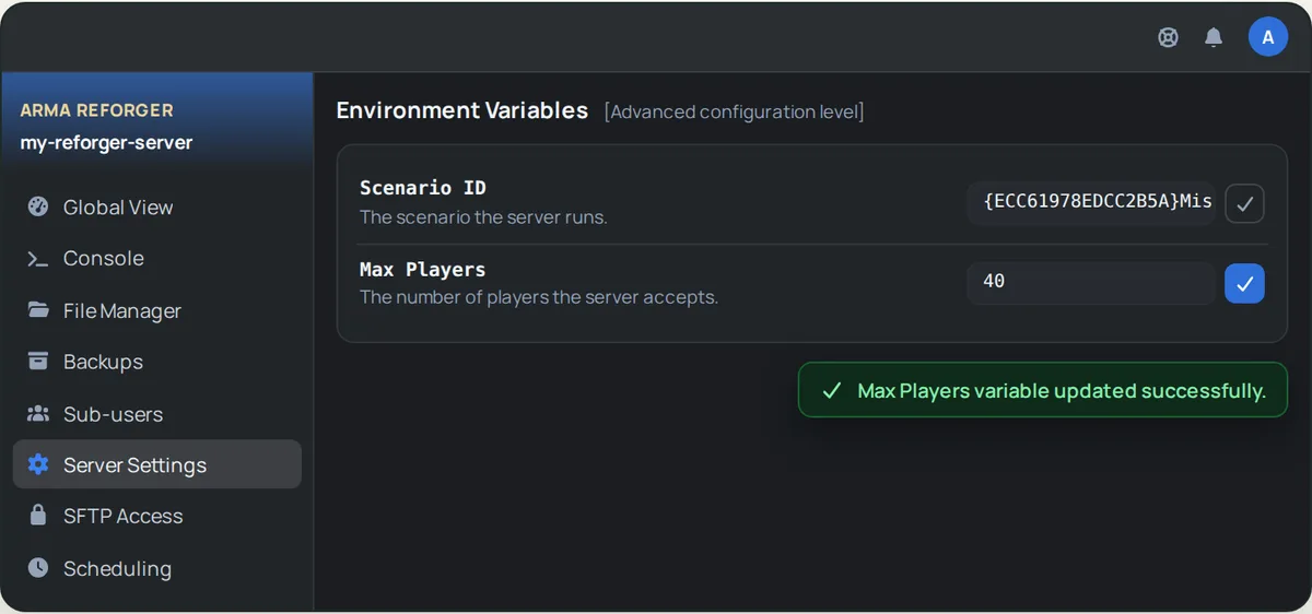 Environment Variables of an Arma Reforger server in OuiPanel: Scenario ID with the Conflict on Everon scenario and Max Players changed from 32 to 40