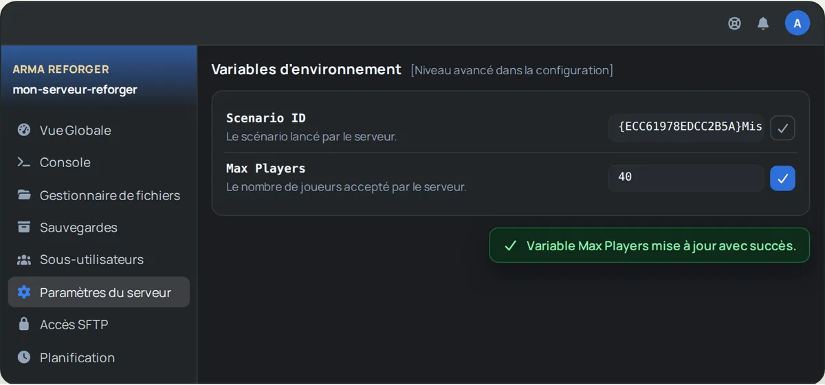Variables d'environnement d'un serveur Arma Reforger dans OuiPanel : Scenario ID avec le scénario Conflict sur Everon et Max Players passé de 32 à 40