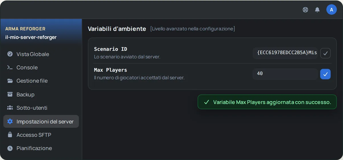 Variabili d'ambiente di un server Arma Reforger in OuiPanel: Scenario ID con lo scenario Conflict su Everon e Max Players portato da 32 a 40