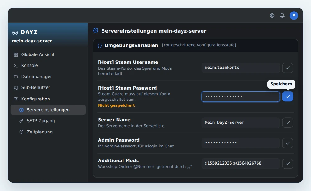 Karte Umgebungsvariablen eines DayZ Servers in OuiPanel, mit ausgefülltem [Host] Steam Username, einem eingegebenen Steam-Passwort vor dem Speichern, Server Name Mein DayZ-Server, ausgefülltem Admin Password und Additional Mods mit zwei Mods aus dem Steam Workshop