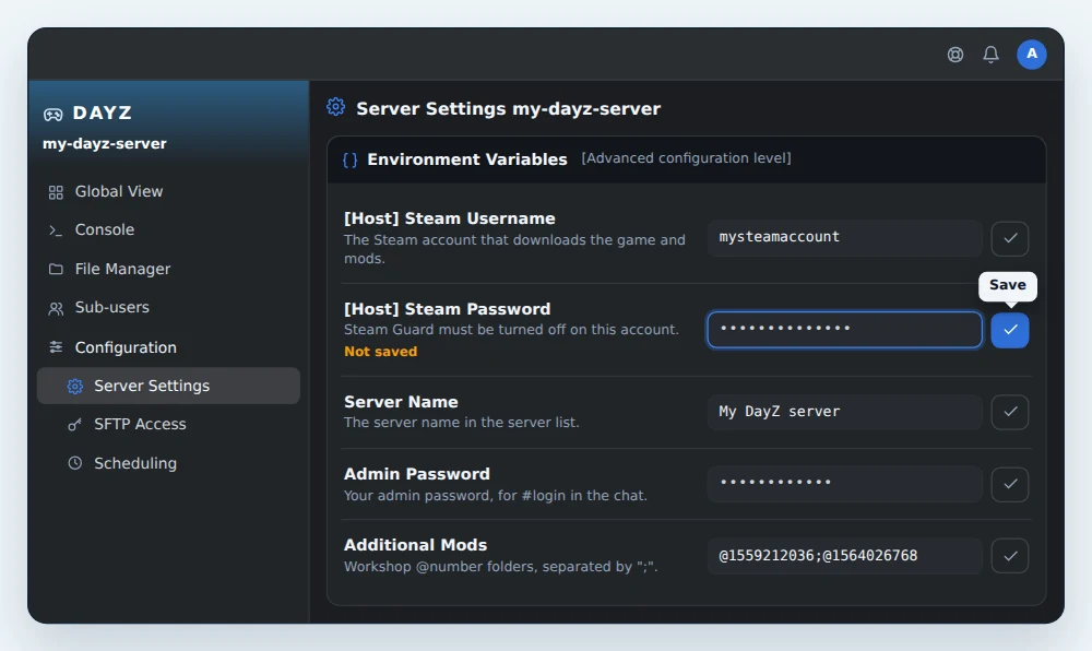 Environment Variables card of a DayZ server in OuiPanel, with [Host] Steam Username filled in, a Steam password typed in and ready to save, Server Name set to My DayZ server, Admin Password filled in and Additional Mods with two Steam Workshop mods