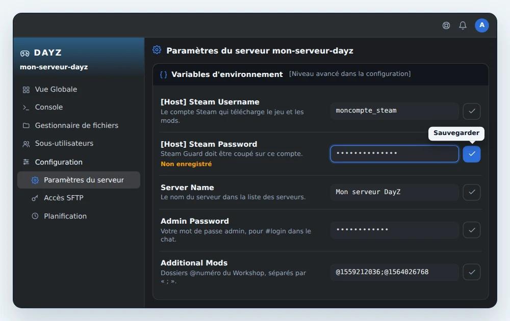 Carte Variables d'environnement d'un serveur DayZ dans OuiPanel, avec [Host] Steam Username rempli, un mot de passe Steam saisi et prêt à être enregistré, Server Name sur Mon serveur DayZ, Admin Password rempli et Additional Mods avec deux mods du Steam Workshop