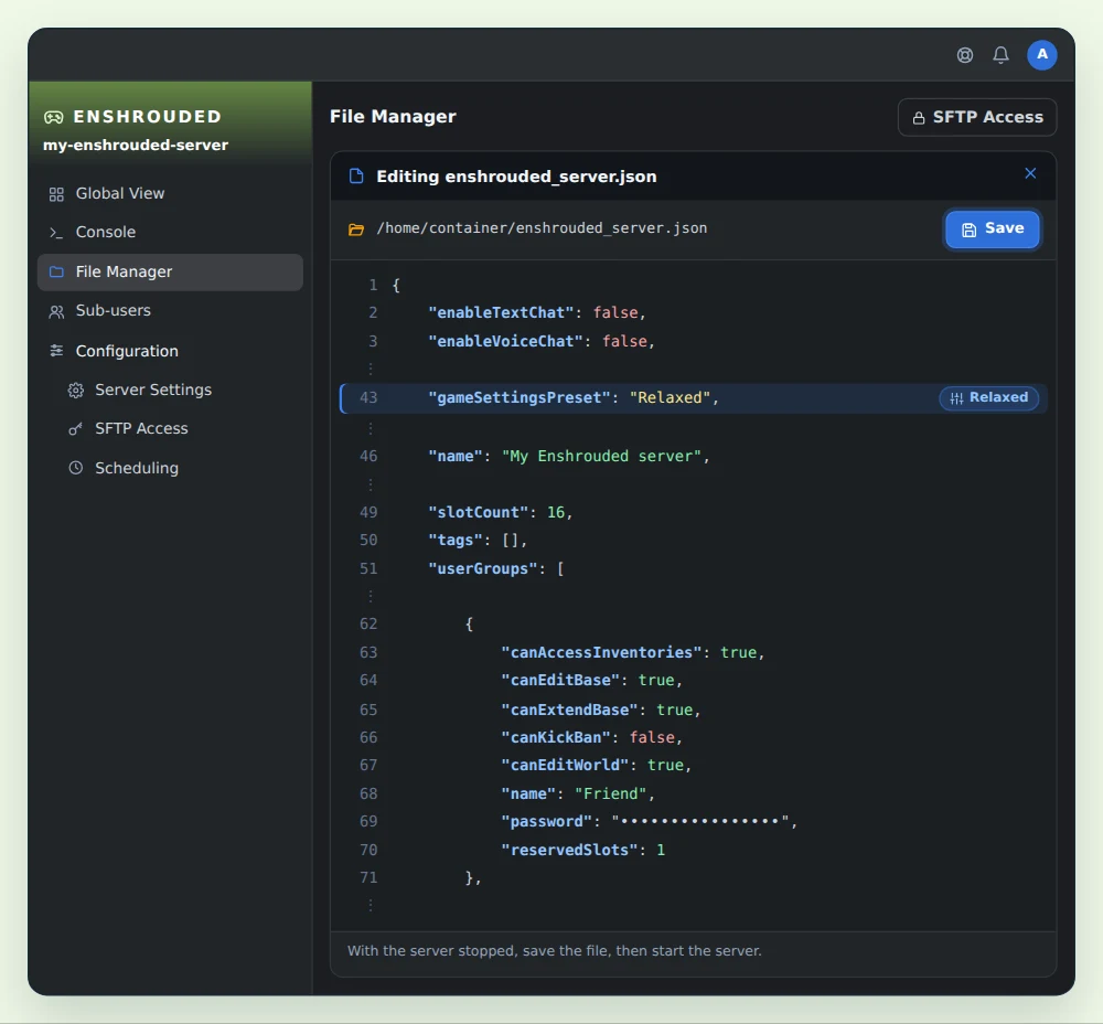 OuiPanel File Manager with enshrouded_server.json open, showing enableTextChat and enableVoiceChat set to false, gameSettingsPreset changed to Relaxed, name, slotCount at 16 and the Friend group of userGroups with its password masked
