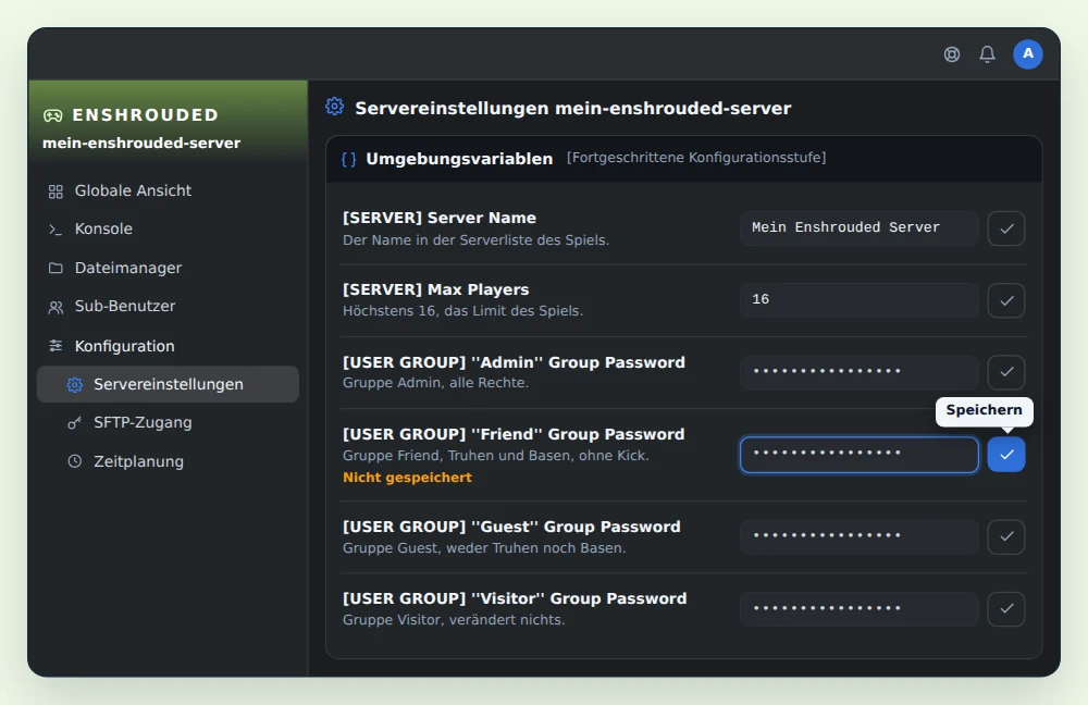 Karte Umgebungsvariablen eines Enshrouded Servers in OuiPanel, mit [SERVER] Server Name Mein Enshrouded Server, [SERVER] Max Players auf 16 und den maskierten Passwörtern der Gruppen Admin, Friend, Guest und Visitor, das von Friend wird gerade geändert