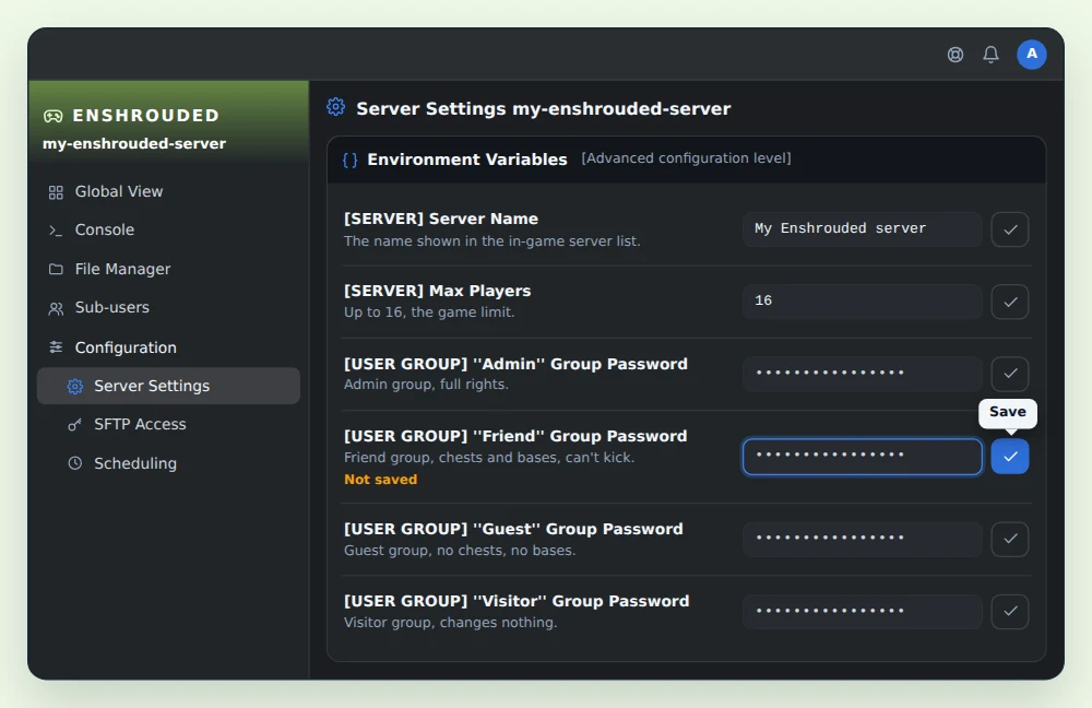 Environment Variables card of an Enshrouded server in OuiPanel, with [SERVER] Server Name set to My Enshrouded server, [SERVER] Max Players at 16 and the masked passwords of the Admin, Friend, Guest and Visitor groups, the Friend one being changed